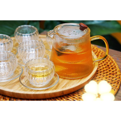 Bộ ấm chén thủy tinh pha trà vân sọc bí 600ml kèm khay
