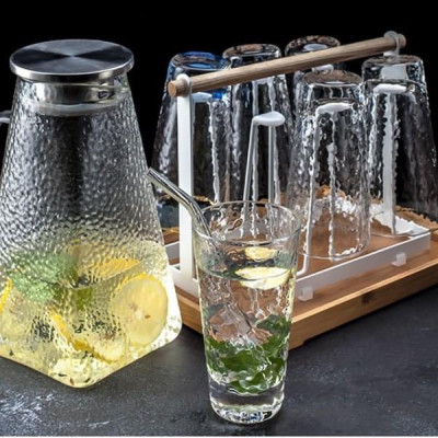 BỘ BÌNH ĐỰNG NƯỚC UỐNG THỦY TINH 6 CỐC LOE CAO CHỊU NHIỆT CAO CẤP KÈM KHAY VÀ GIÁ ÚP ( KHAY VÀ GIÁ GIAO NGẪU NHIÊN ) - VD77