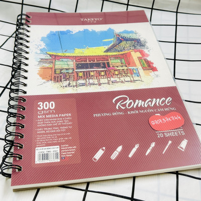 Sổ Vẽ Lò Xo Đa Năng Cao Cấp 20 Tờ Size A4-A5 Định Lượng Giấy 200GMS Và 300GMS Bìa Nhựa Chống Thấm Nước ROMACE TAKEYO, Sổ Vẽ Chuyên Dùng Cho Màu Nước