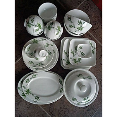 Bộ bát đĩa gốm Gia Hưng Bát Tràng vẽ trúc xanh