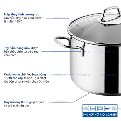 Nồi inox 18/10 Korkmaz Perla 6.8 lít - 26x13 cm