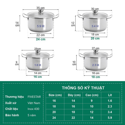 Bộ nồi chảo 3 đáy inox 403 Fivestar 5 món nắp kính tặng 5 muỗng ăn( N16cm x N18cm xN20cm x N24cm x chảo 24cm)