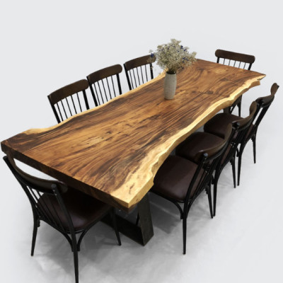 Bộ bàn 8 ghế gỗ me Tây nguyên khối CTMTBD4 Tundo 2m39 x 60/80 x 77cm gỗ dày 7cm
