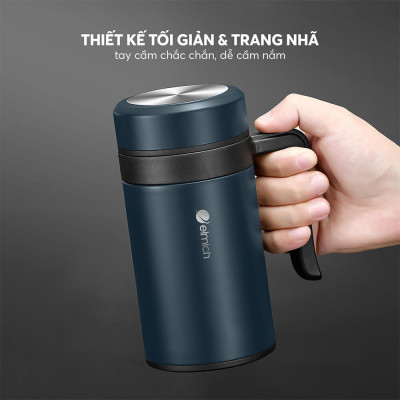 Ly giữ nhiệt inox 304 Elmich EL8329 450ml, Hàng chính hãng, có tay cầm, có khay lọc trà, miệng rộng dễ vệ sinh - JoyMall
