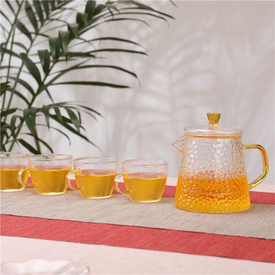 Bộ ấm chén thủy tinh pha trà tay vàng vân sần chịu nhiệt cao cấp kèm khay gỗ tre