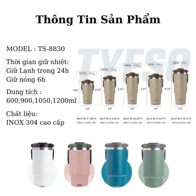 Cốc giữ nhiệt TYESO TS-8826 600ML bằng thép không gỉ 304 tay cầm công thái học Chống tràn & Giữ nhiệt 12 tiếng