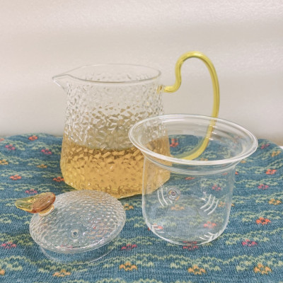 ẤM TRÀ THỦY TINH CÓ LÕI LỌC  CHỊU NHIỆT NHIỆT CAO CẤP VÂN NHÁM QUAI VÀNG  CRYSTAN 500ml - ANTH 419