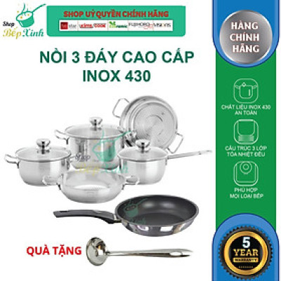 Bộ nồi chảo xửng hấp 3 Đáy Inox 430 cao cấp Fivestar Standard bếp từ nắp kính , tặng 1 vá canh