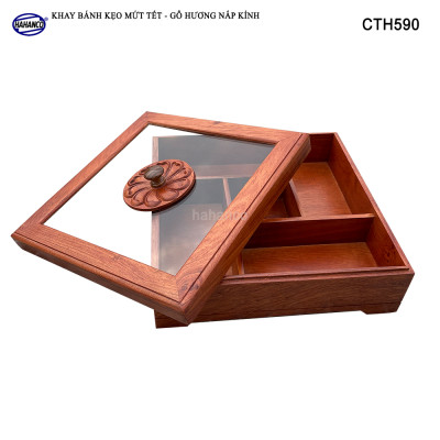 Khay Bánh Kẹo Mứt Tết Gỗ Hương Nắp Kính Vuông Trong Suốt Thiết Kế Trang Trọng - CTH590