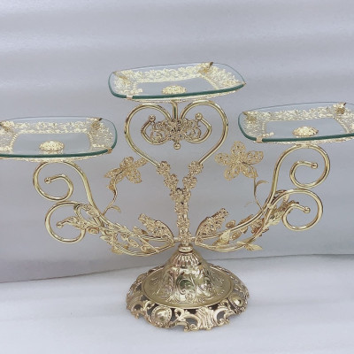 KHAY ĐỰNG BÁNH KẸO HOA QUẢ  THỦY TINH 3 TẦNG KHUNG KIM LOẠI - VD28