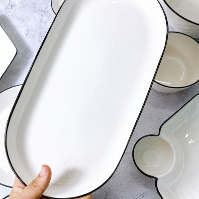 Bộ Chén Dĩa Gốm Sứ Gosu Trắng Cao Cấp Sáng Đẹp Họa Tiết Kim Cương Viền Đen