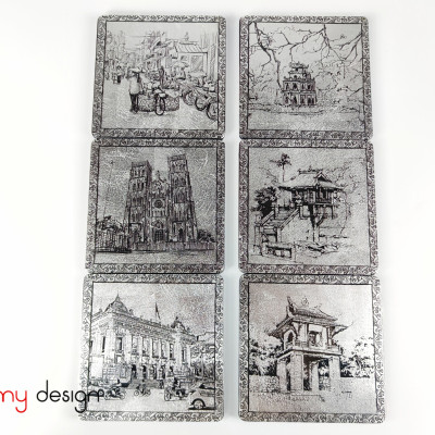 BỘ 6 LÓT CỐC SƠN MÀI HÌNH PHỐ CỔ HÀ NỘI.