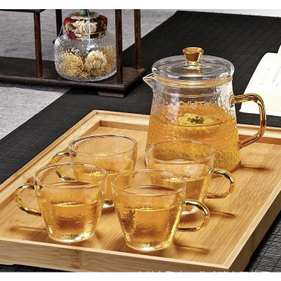 Bộ ấm chén thủy tinh pha trà tay vàng vân sần chịu nhiệt cao cấp kèm khay gỗ tre