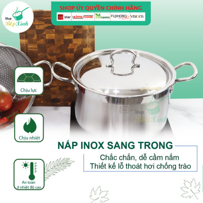 Bộ nồi xửng hấp inox 430 Fivestar standard nắp inox ( 28cm ),tặng 5 muỗng ăn ,3 đáy bếp từ , gas, hồng ngoại