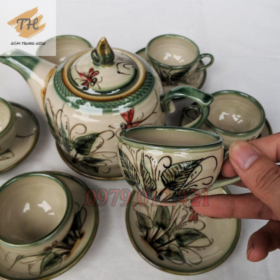 Bộ ấm chén Bát Tràng men bóng vẽ Chuồn khoai đủ phụ kiện