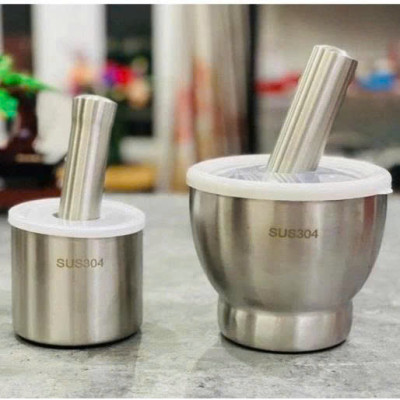 Bộ Chày Cối INox 304 Có Nắp Đậy , Chày Cối Dã Tỏi Ớt Nguyên Khối Cho Gia ĐÌnh Tiện Lợi Dã Nhuyễn Mọi Thực Phẩm Size 10cm 