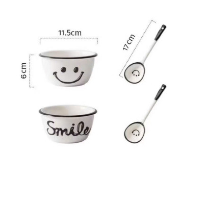 Set 2 Bát Ăn Cơm Sứ Hình Mặt Cười Smile - Chén Ăn Ngon Miệng Cho Bé, Hoạt Hình Dễ Thương Kèm 2 Thìa - HÀNG CHÍNH HÃNG MINIIN