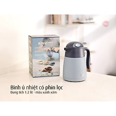Bình ủ nhiệt iMat có phin lọc 1200ml màu xanh xám, ruột bình, phin lọc Inox 304