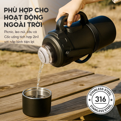 Bình giữ nhiệt Lebenlang LBL3025, phích giữ nhiệt dung tích 6L, inox 316, có lõi lọc, quai cầm tiện lợi, cốc uống tích hợp - hàng chính hãng