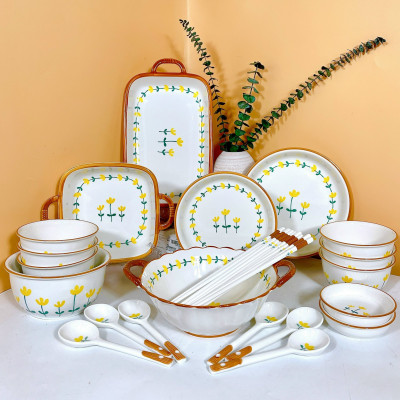 Bộ Bát Đĩa Thương Hiệu GOSU họa tiết Hoa Tulip Vàng nước men sáng đẹp