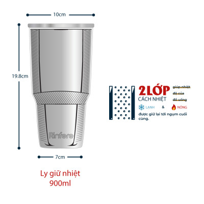 Ly Giữ Nhiệt Nắp Trượt Chống Tràn Rinfere - Khắc Tên, Tặng Kèm Ống Hút Không Gỉ, Dụng Cụ Vệ Sinh Ông Hút (900ml)