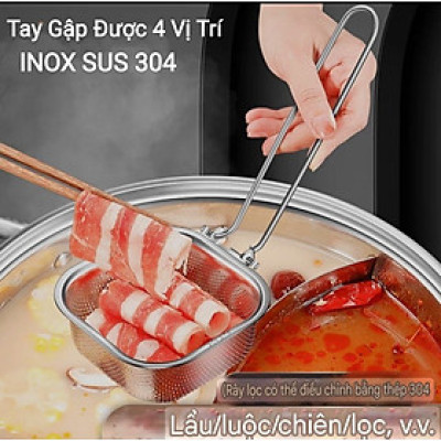 CHAO VỚT VỢT RÂY LỌC LỖ THOÁT MỊN CÔNG NGHỆ CNC CHUYÊN DỤNG LẨU - INOX 304 - CHAO LỌC TAY CẦM GẬP LẠI, ĐƯỢC 4 VỊ TRÍ / CẠNH TREO TIỆN LỢI