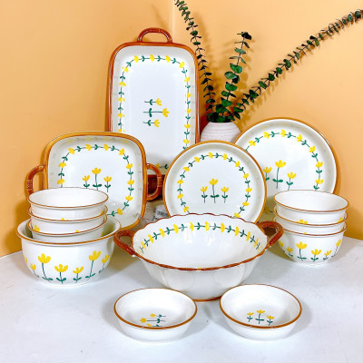 Bộ Bát Đĩa Thương Hiệu GOSU họa tiết Hoa Tulip Vàng nước men sáng đẹp