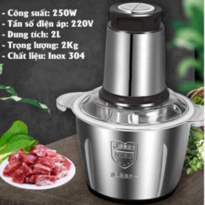 Máy Xay Thịt Đa Năng Cối INOX 304 2L Công Suất 250W, 4 Lưỡi Dao Xay Thịt Cá, Rau Củ, Xay Sinh Tố