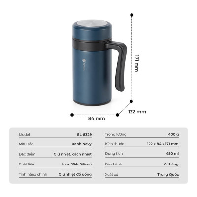 Ly giữ nhiệt inox 304 Elmich EL8329 450ml, Hàng chính hãng, có tay cầm, có khay lọc trà, miệng rộng dễ vệ sinh - JoyMall