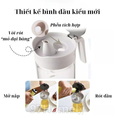 Bình Thủy Tinh Rót Dầu Ăn/Nước Mắm Có Vòi & Phễu Tích Hợp – Dung Tích 500ml – Chai Đựng Gia Vị Thông Minh, Chịu Nhiệt, Có Vạch Chia- HÀNG CHÍNH HÃNG MINIIN