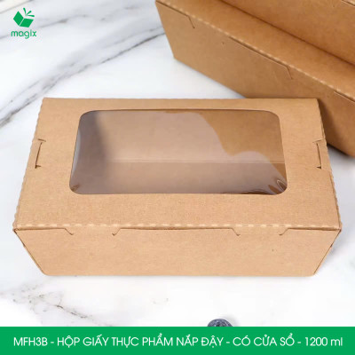 MFH3B - 1200ml - 50 hộp giấy kraft đựng thực phẩm, hộp giấy đựng thức ăn có cửa sổ, hộp đựng cơm