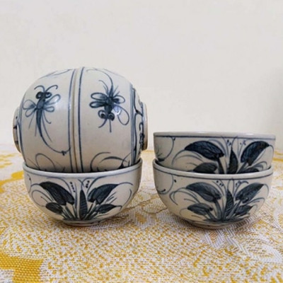 Bộ chén dĩa ( bộ bàn ăn) men rạn vẽ chuồn khoai gốm Gia Hưng Bát Tràng
