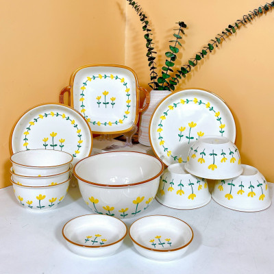 Bộ Bát Đĩa Thương Hiệu GOSU họa tiết Hoa Tulip Vàng nước men sáng đẹp