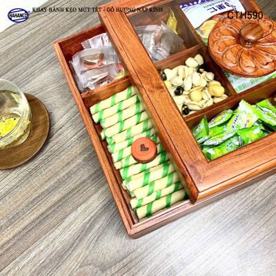 Khay Bánh Kẹo Mứt Tết Gỗ Hương Nắp Kính Vuông Trong Suốt Thiết Kế Trang Trọng - CTH590