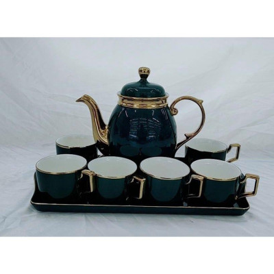BỘ ẤM CHÉN KÈM KHAY SỨ MÀU XANH NGỌC VIỀN VÀNG DÁNG BẦU
