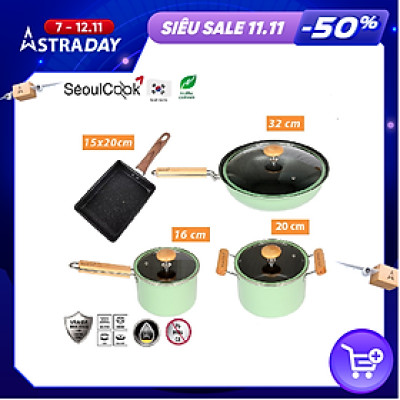 Bộ nồi chảo 4 món SL1, quánh 16cm + nồi 20cm + chảo sâu lòng 32cm + chảo vuông 15x20cm đáy từ/ Induction Seoulcook Hàn Quốc, dùng được tất cả các loại bếp