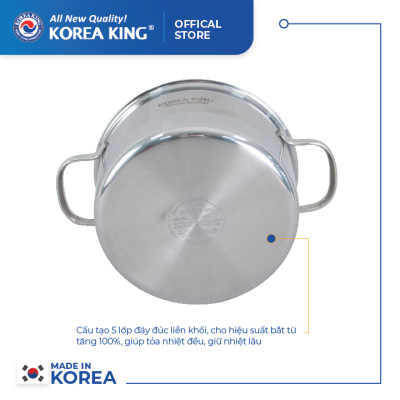 KP-22S5PLY Nồi inox 5 lớp đáy liền Korea King (Nồi, nắp đều bằng inox, đường kính 22cm, dung tích 4L)-Hàng chính hãng