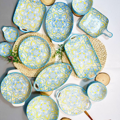 Bộ Bát Đĩa Thương Hiệu GosuTráng Men Cao Cấp Họa Tiết Thổ Cẩm Ấn Xanh Bắt Mắt, Chịu Nhiệt Cao