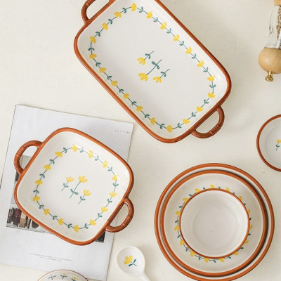 Bộ Bát Đĩa Thương Hiệu GOSU họa tiết Hoa Tulip Vàng nước men sáng đẹp