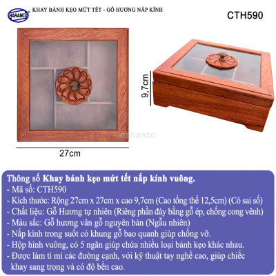 Khay Bánh Kẹo Mứt Tết Gỗ Hương Nắp Kính Vuông Trong Suốt Thiết Kế Trang Trọng - CTH590