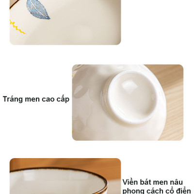 Bộ Bát Hoạ Tiêt Lá Viền Nâu Thương Hiệu Gosu Tráng Men Cao Cấp, Hoạ Tiết Vẽ Tay Đẹp