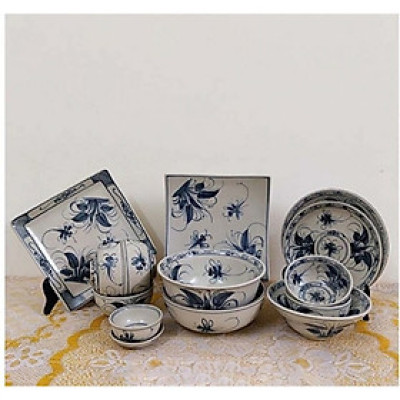 Bộ chén dĩa ( bộ bàn ăn) men rạn vẽ chuồn khoai gốm Gia Hưng Bát Tràng