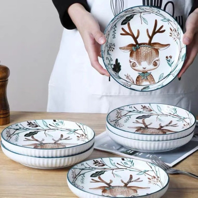 Bộ bát đĩa chén đĩa Gosu cao cấp họa tiết hươu dễ thương sáng mịn an toàn