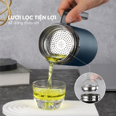 Ly giữ nhiệt inox 304 Elmich EL8329 450ml, Hàng chính hãng, có tay cầm, có khay lọc trà, miệng rộng dễ vệ sinh - JoyMall