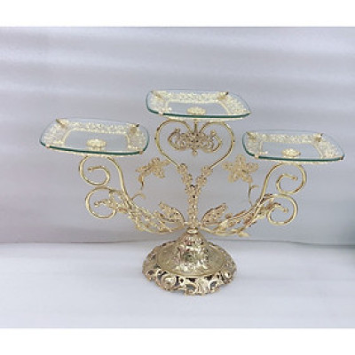 KHAY ĐỰNG BÁNH KẸO HOA QUẢ  THỦY TINH 3 TẦNG KHUNG KIM LOẠI - VD28