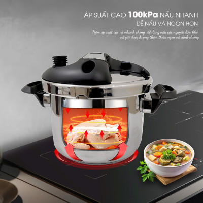 Nồi áp suất từ Seka SK5859 inox 304 dung tích 4L và 6L tặng kèm vung kính, Dùng được mọi loại bếp