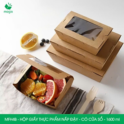 MFH4B - 1600ml - 25 hộp giấy kraft đựng thực phẩm, hộp giấy đựng thức ăn có cửa sổ, hộp đựng cơm