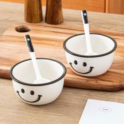 Set 2 Bát Ăn Cơm Sứ Hình Mặt Cười Smile - Chén Ăn Ngon Miệng Cho Bé, Hoạt Hình Dễ Thương Kèm 2 Thìa - HÀNG CHÍNH HÃNG MINIIN