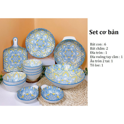 Bộ Bát Đĩa Thương Hiệu GosuTráng Men Cao Cấp Họa Tiết Thổ Cẩm Ấn Xanh Bắt Mắt, Chịu Nhiệt Cao