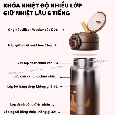 Bình nước cho bé đi học giữ nhiệt có ống hút ZoyZoii kèm túi gấu bông Animal Series Thermos Cup E20